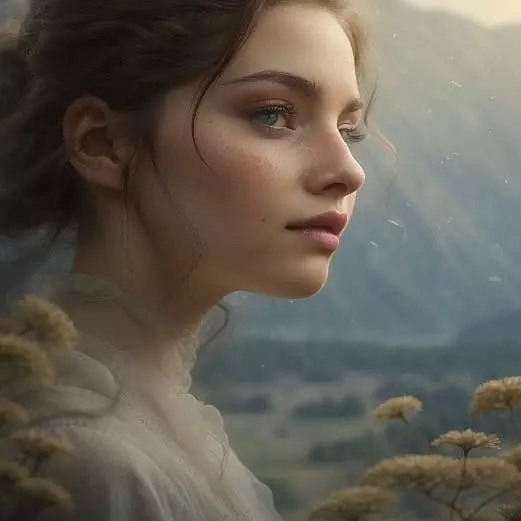Mujer en un paisaje con montañas y flores